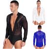 Mens Tassels Jazz Latin Dance Leotard Deep V-neck Sheer Mesh Patchwork Shiny Sequined Rhinestones Ballroom Shirts Bodysuit Rumba