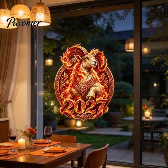 Russian New Year Party Supplies 2027 Flame Goat Static Glass Sticker, PVC Ram Window Cling for Home and Store Decoration, Removable Decor Red