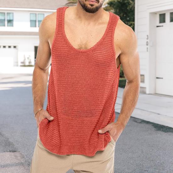 Men Summer Knitted Tops O-neck Sleeveless Solid Color Loose Fit Pullover Tops Stretchy Vest Streetwear