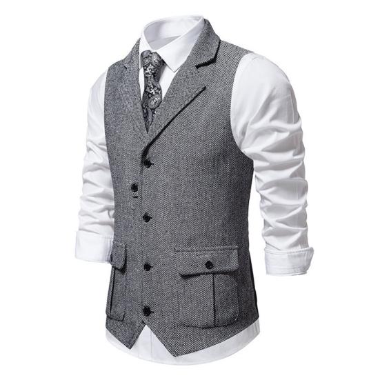 Мужской жилет с лацканами, без рукавов, однобортный, приталенный жилет с карманами с клапанами, однотонный деловой жилет, пальто
