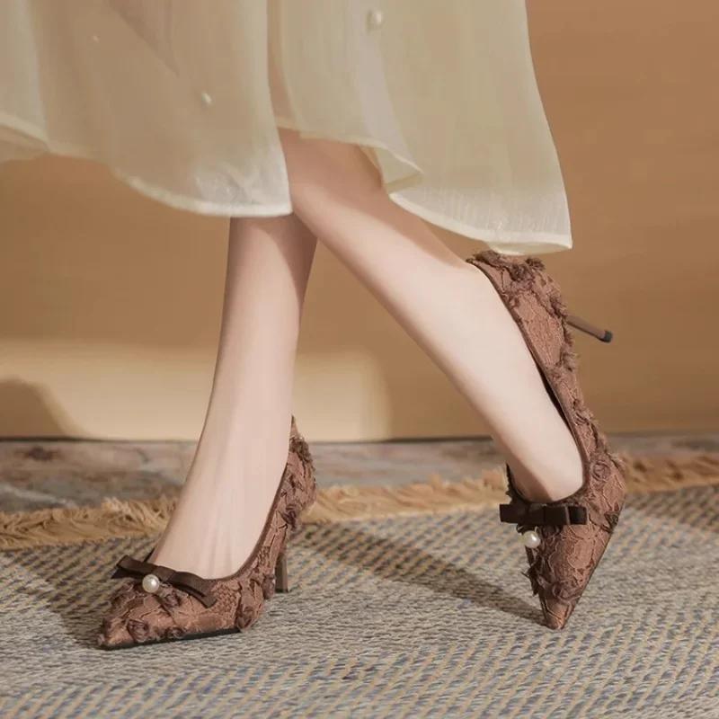 Цветы бант женские кружевные сетчатые туфли с острым носком на высоком каблуке элегантные женские дизайнерские туфли-лодочки на шпильках летние туфли
