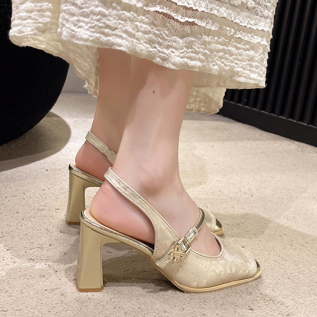New Guofeng Mary Jane Women's Shoes 2025 Summer New Versatile Square Head Thick Heel One-word Shoe with Shallow Mouth Xiaoxiangfeng Single Shoes