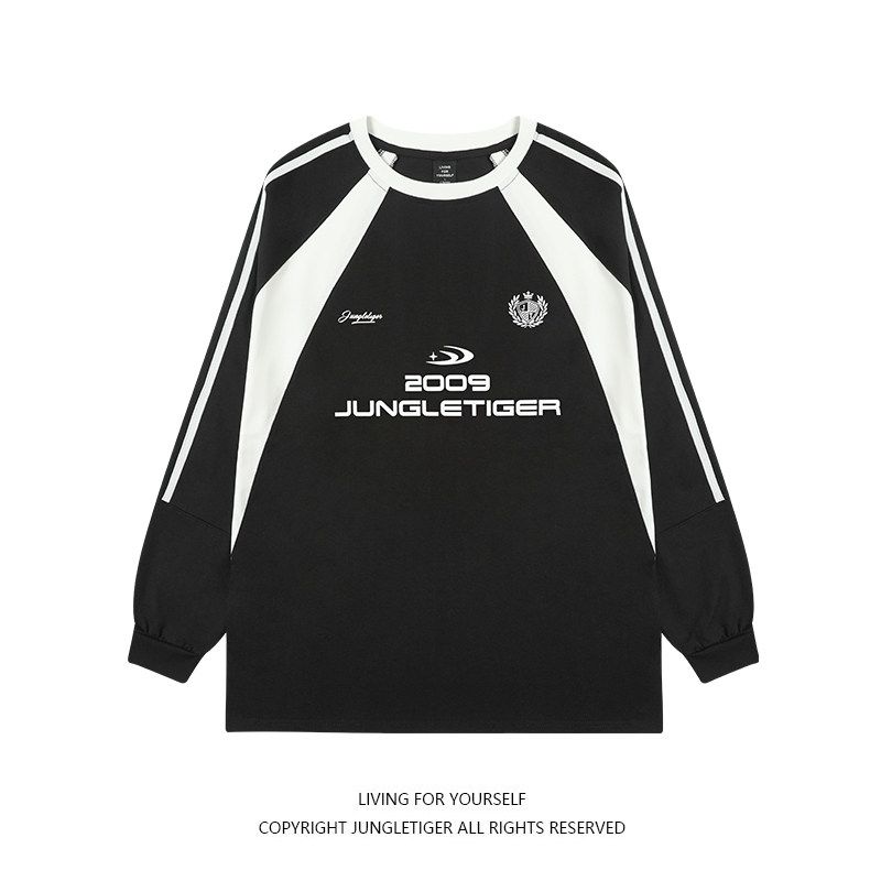 Jungle Tiger Logo Thick Screen-Printed Long-Sleeve T-Shirt for Men and Women, Three-Stripe Retro Sports Color-Block Base Shirt Top