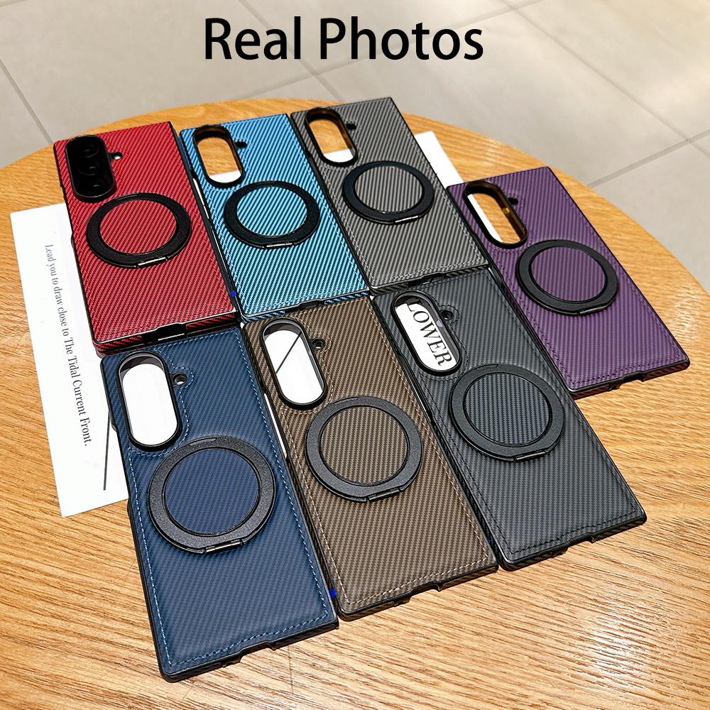 KEYSION Чехол с текстурой кевларового углеволокна для MagSafe для Samsung Galaxy Z Fold 7 6 5 4 3 с вращающейся на 360° магнитной подставкой-кольцом, чехол для телефона