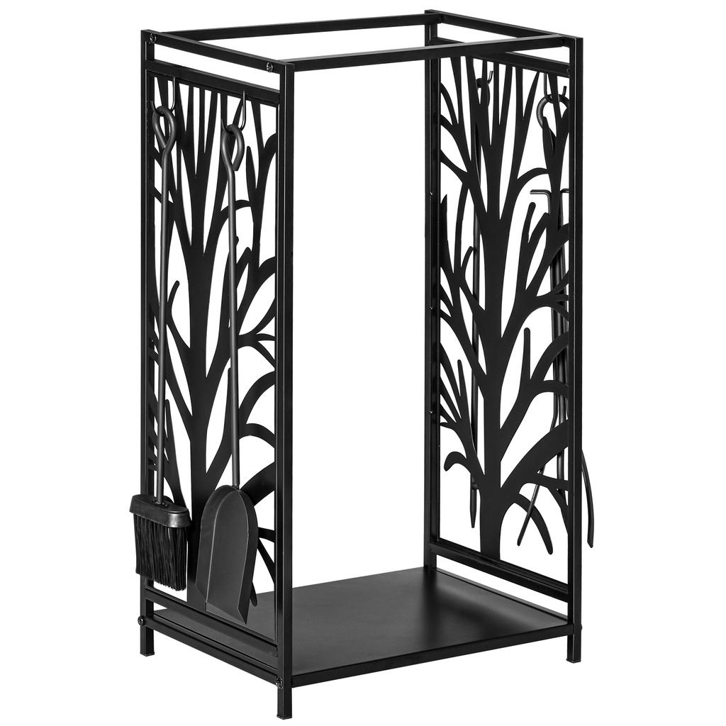 Steel Firewood Log Holder Indoor Outdoor Firewood Rack Fireplace Wood Storage Shelf with 4 Tools, Hooks, Tree Pattern Design, Rust-Resistant, Black