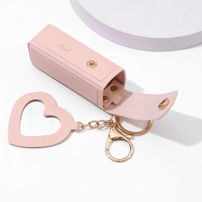 1pc Lipstick Bags Portable Keychain Solid Wallet Mini With Mirror Leather Protective Cover