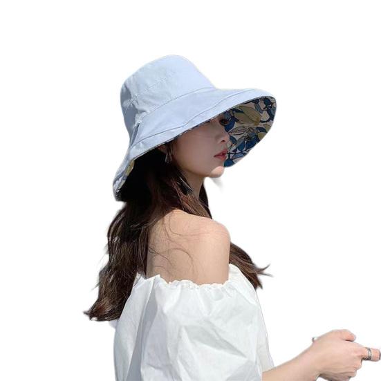 Bucket Hat Reversible Double-Sided Wearable Fisherman Hat with Large Brim Built-In Soft Steel Wire Adjustable Windproof Rope Sun Blocking Hat