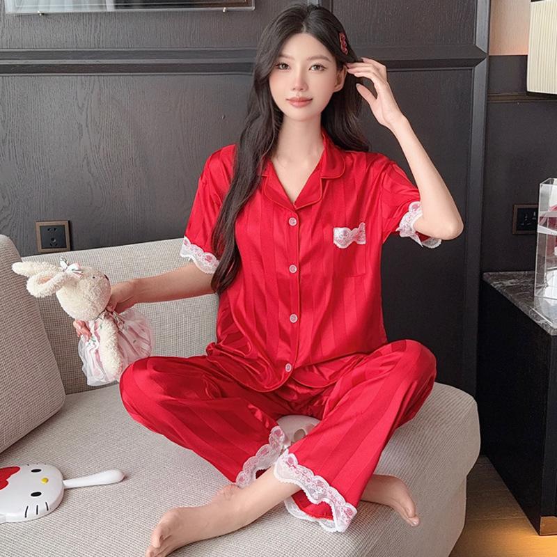 Ice Silk Pajamas Female Cute Wind Bear Summer High-End Cartoon Short-Sleeved Trousers Loungewear