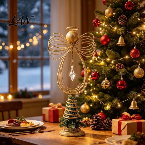 Decorative Holiday Home Accents Angel Christmas Tree Topper, Gold Glitter Metal Wire Crown Spring Base Topper Ornament for Decor And Seasonal