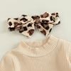 Baby Girls Pants Set, Long Sleeve Romper + Leopard Print Bowknot Flare Pants + Headband