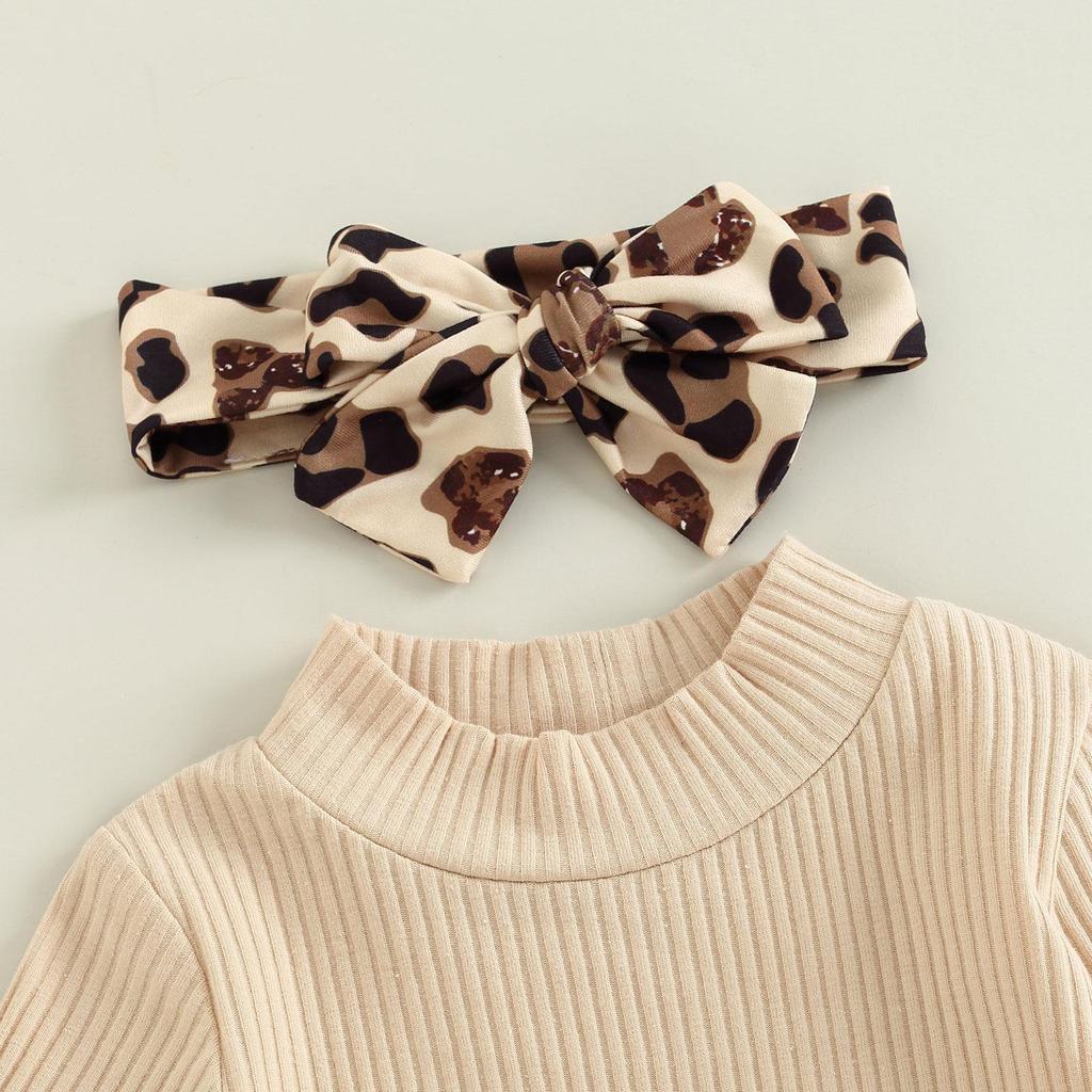 Baby Girls Pants Set, Long Sleeve Romper + Leopard Print Bowknot Flare Pants + Headband