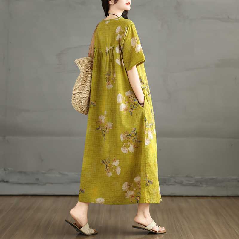 Летнее ретро платье из хлопка и льна с круглым вырезом и короткими рукавами, женская свободная юбка