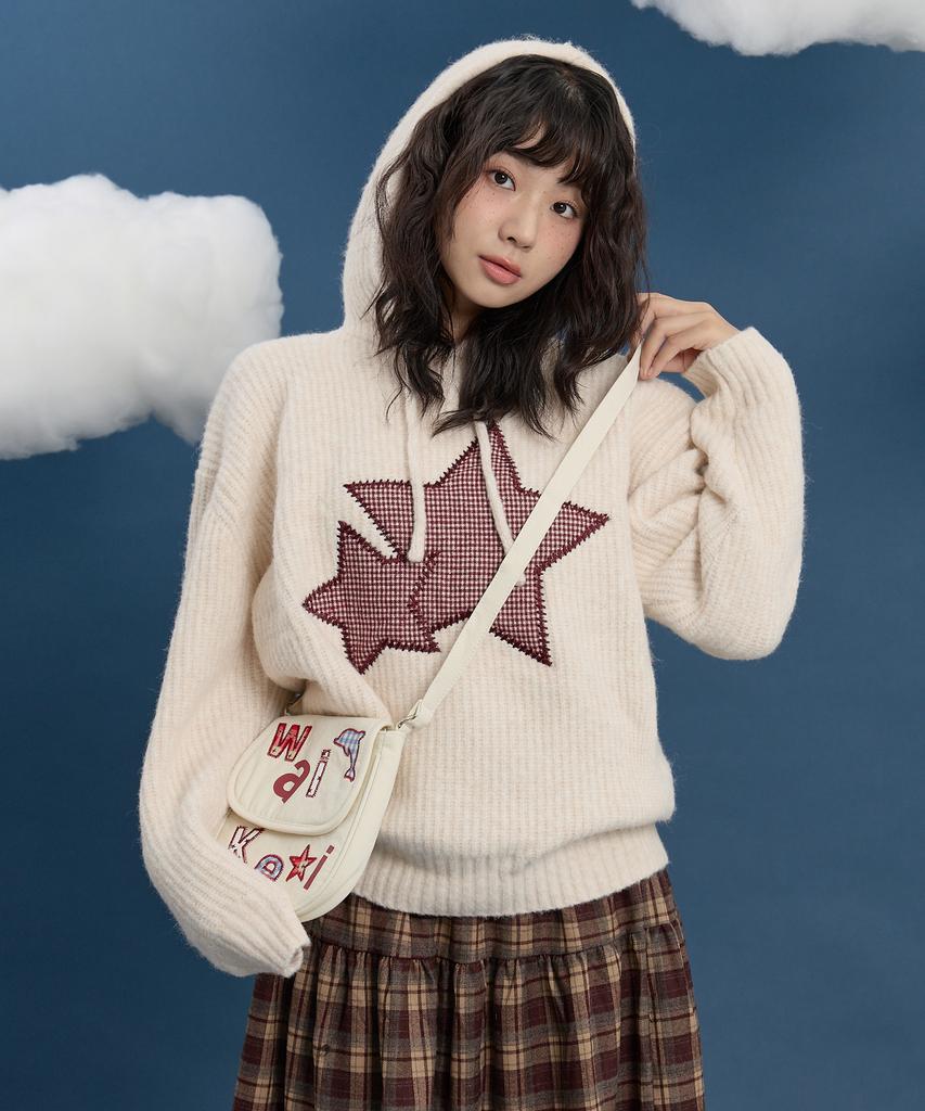 WAIKEI Big Star Check Applique Hoodie Knit Gray