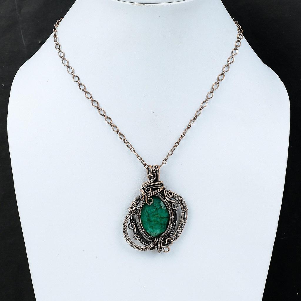 Кулон с ограненным замбийским изумрудом, обернутый медной проволокой, подвеска ручной работы, обернутая медной проволокой, ювелирное изделие в подарок для нее, ювелирные изделия из натуральных драгоценных камней