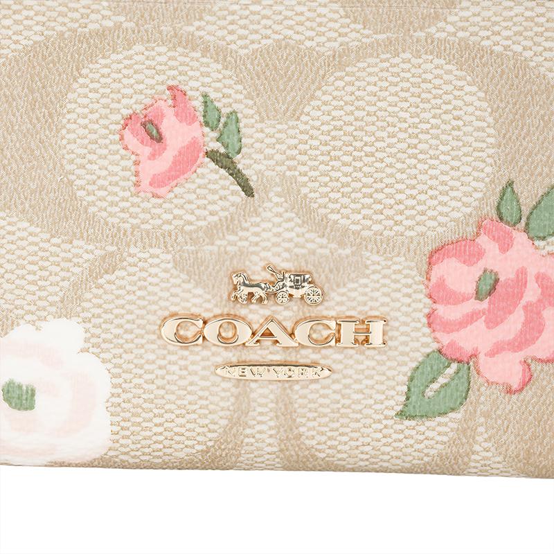 Coach Тонкий ID-кейс 11 Цветочный принт Логотип Холщовый кошелек Женский кошелек Золотой Светло-хаки Мультиколор CR972-IMOTV