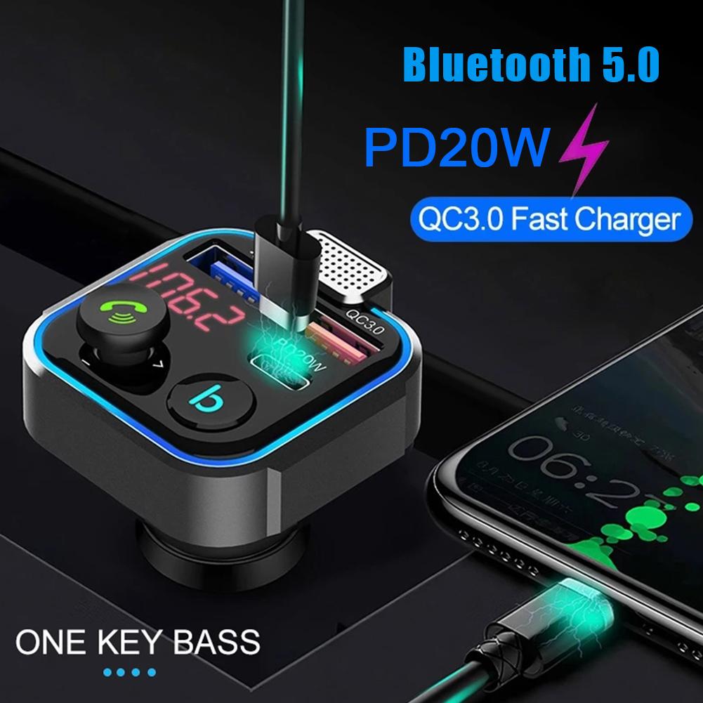 Автомобильный Bluetooth-совместимый 5.0 FM-передатчик с одной кнопкой Bass Mp3-плеер с большим микрофоном USB Music Play QC3.0 PD20W быстрое зарядное устройство