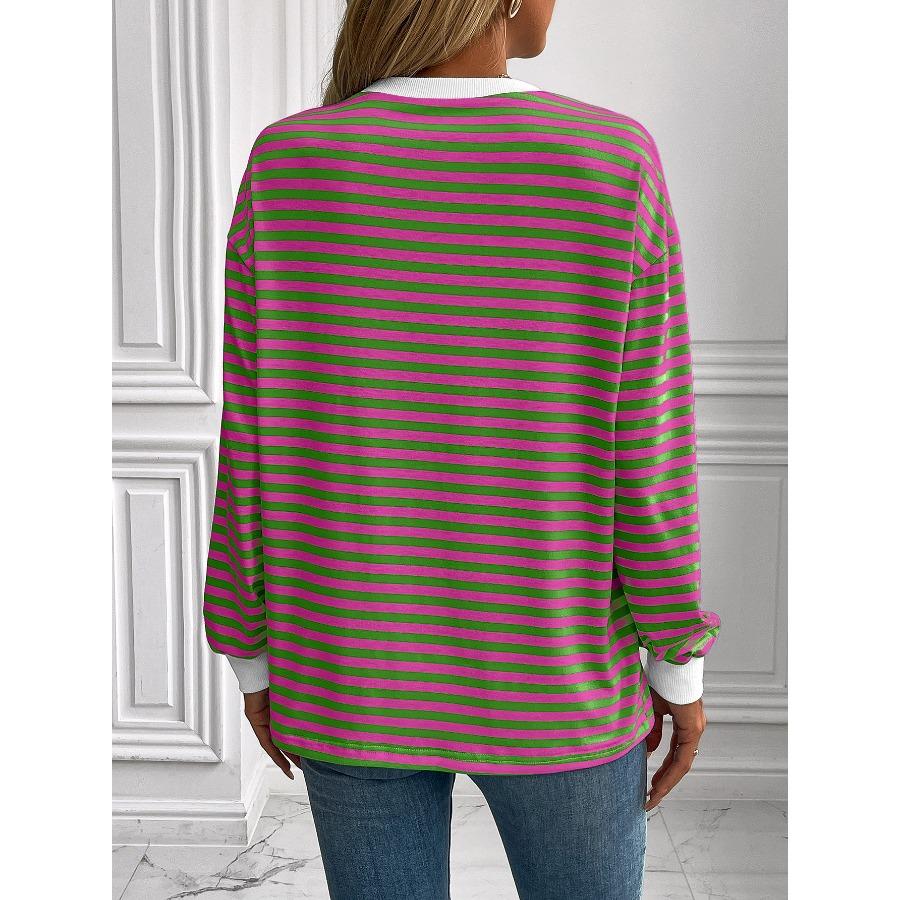 Striped T-Shirts Women’s Loose Long Sleeve Pullover Round Neck T-shirt Top