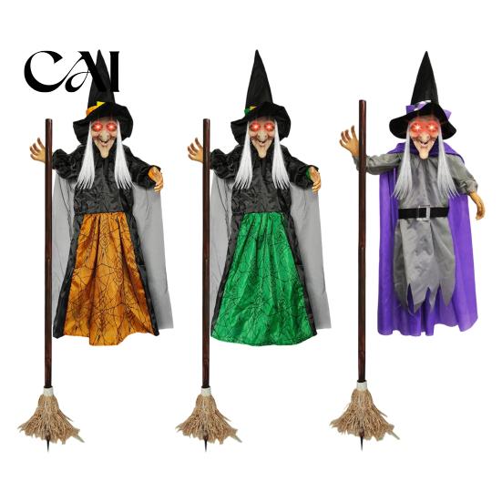 Animated Halloween Witch Decorations 180cm Props, Flying Decoration with Scary Sounds & Lights, Wicked Garden Ornaments for Yard Lawn, Haunted