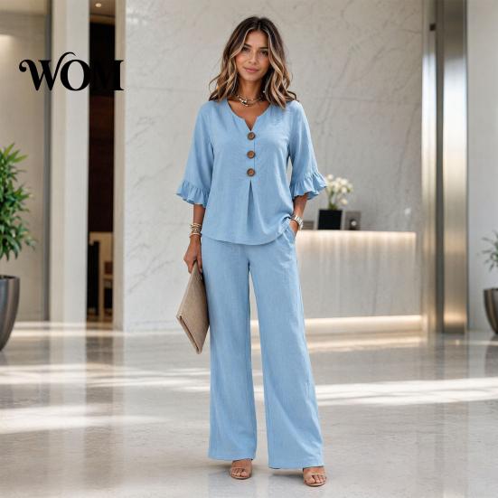 V-neck Blouse with Buttons Summer 2 Piece Sets for Women, Casual Ruffle 3/4 Sleeve V Comfortable Daily Wear Pants Neck Top And Wide Leg Matching Set,