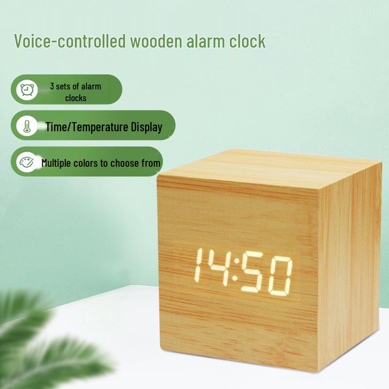 Smart Wooden Digital Alarm Clock with Night Light - Multi-functional Square Wall Clock for Students