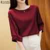 Women Fashion Casual O-neck 3/4 Sleeve Solid Color Satin Blouse Shirts