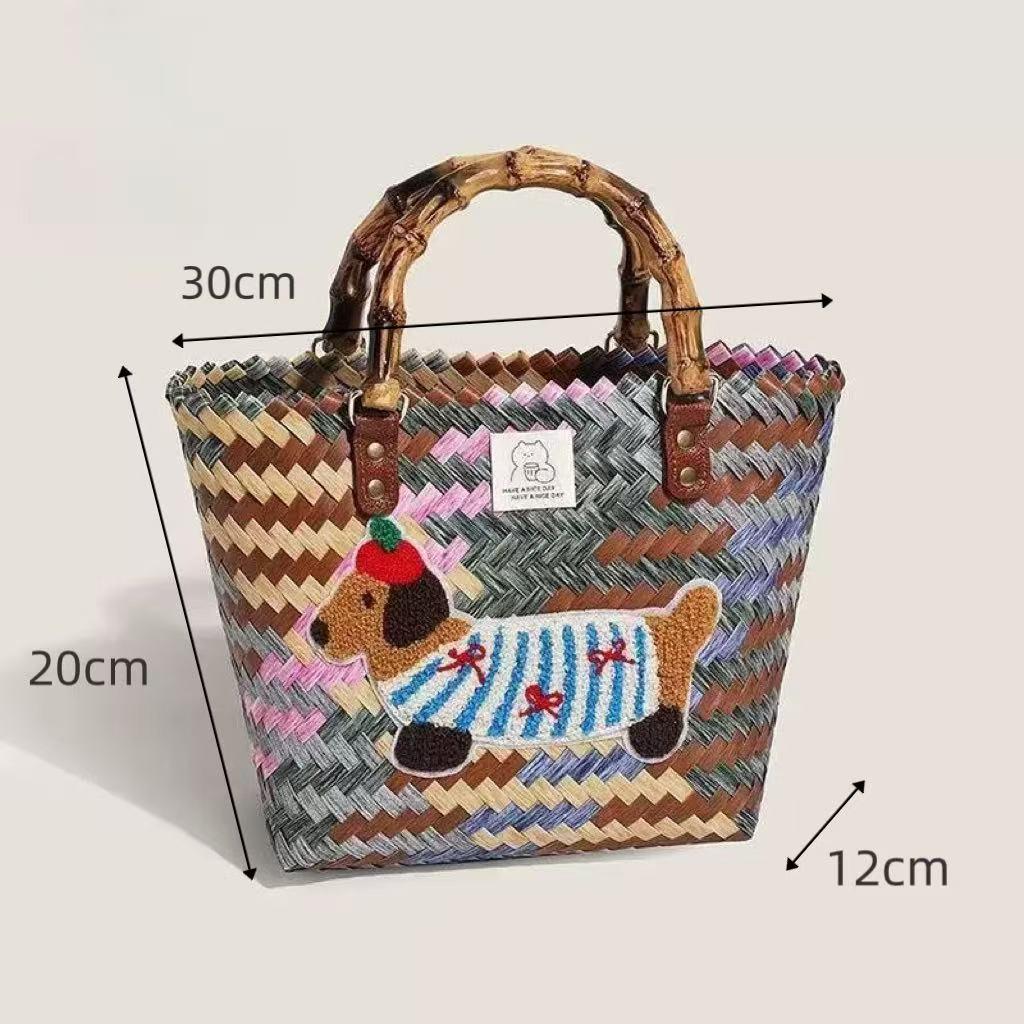 Плетеная сумка-тоут для щенка таксы с бамбуковой ручкой, винтажная пляжная сумка