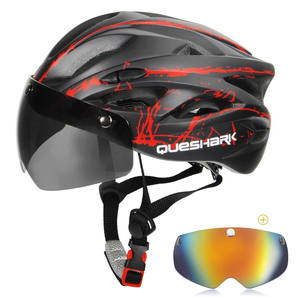 Queshark Ultralight Cycling Helmet with Goggles Bicycle Safety Cap Motorcycle Riding MTB Road Bike Helmet+Removable Yellow/Colorful Lens