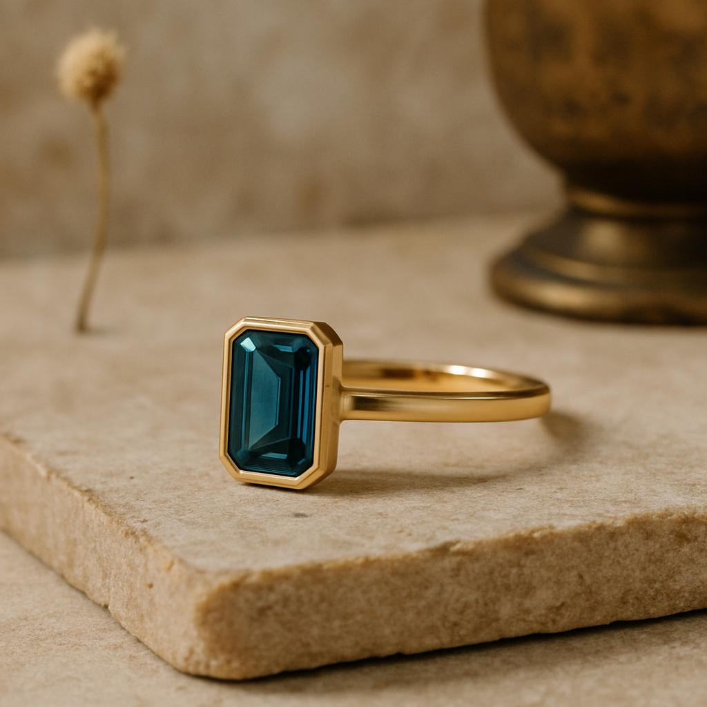 Emerald Cut Topaz Stone Engagement Ring, Bezel Set Yellow Gold Plated Band, Modern Bridal Jewelry, Promise Ring for Her