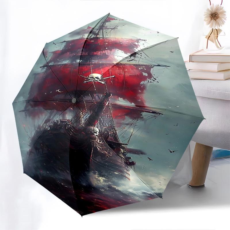Pirate Ship, Stormy Sea Themed Automatic Opening and Closing Umbrella, Brightly Colored 8-rib Portable Umbrella, Suitable for Men and Women,
