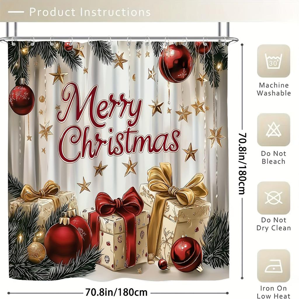 4Pcs Bathroom Shower Curtain SetMerry ChristmasPattern Bathroom Curtain With 12 Hooks Non Slip Rugs Toilet Cover Mat Bathroom Partition