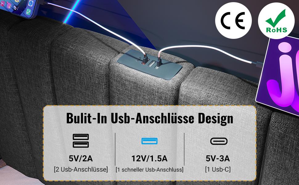 Upholstered Bed 160×200, Double Storage Bed with App Control LED, USB-C Charging, Bed Frame with Slats, Linen, Grey, Without Mattress and Nightstand