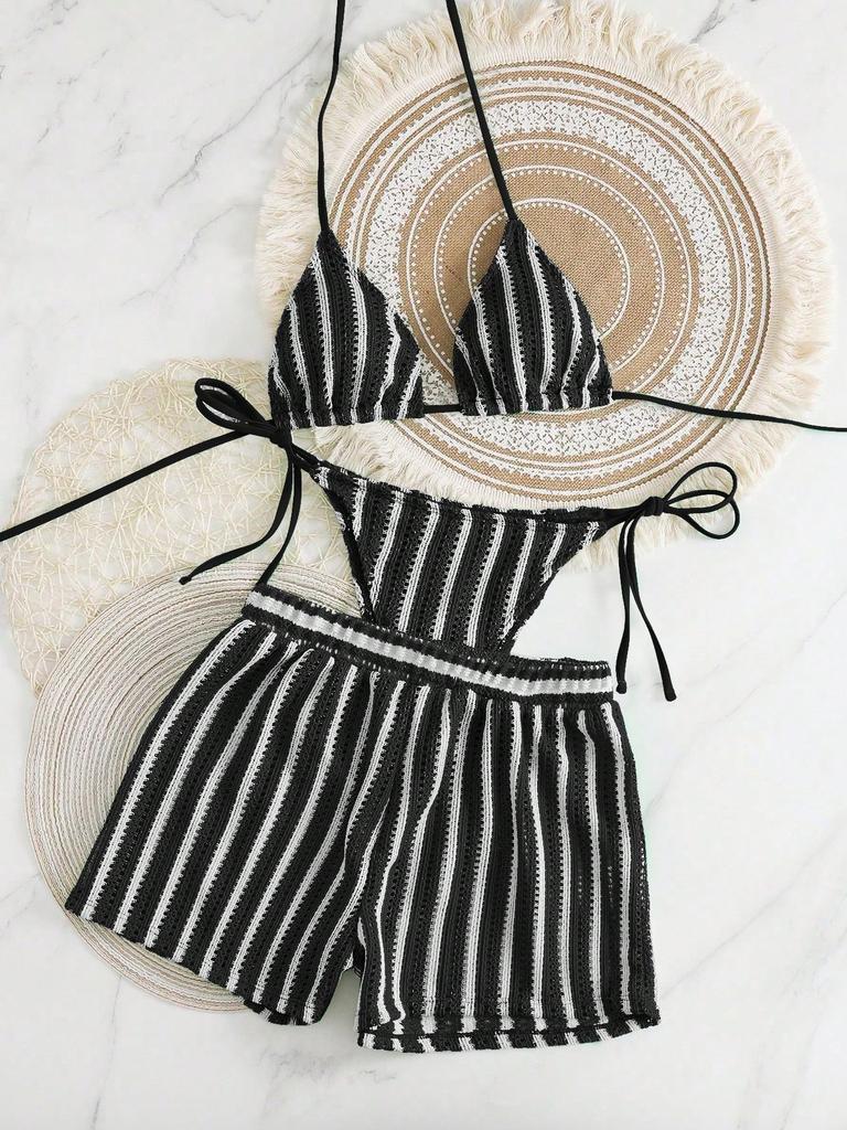 New bikini European and American swimsuit three-piece shorts European and American beach suit women's straps