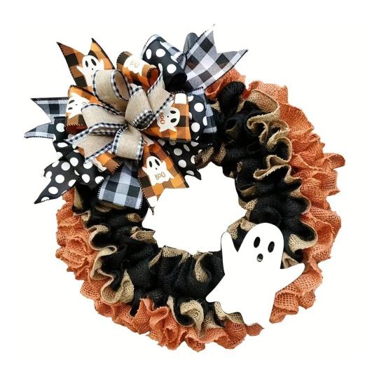 Halloween Ghost Wreath for Front Door Rustic Burlap Wreath with Plaid Bow for Farmhouse Porch Window Wall Decor