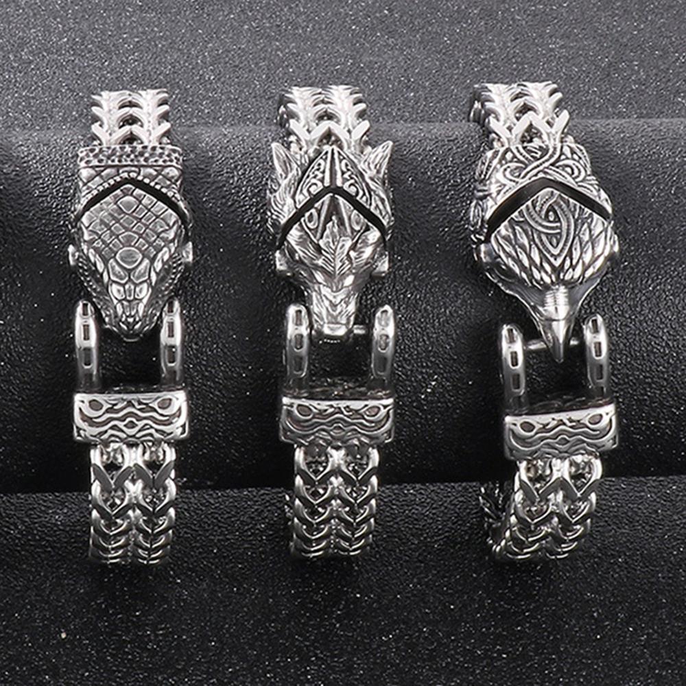 Панк Викинги Норвежские Волк Браслеты Мужские Нержавеющая Сталь Байкер Животное Браслеты Скандинавская Мифология Украшения Волк Змея Орел
