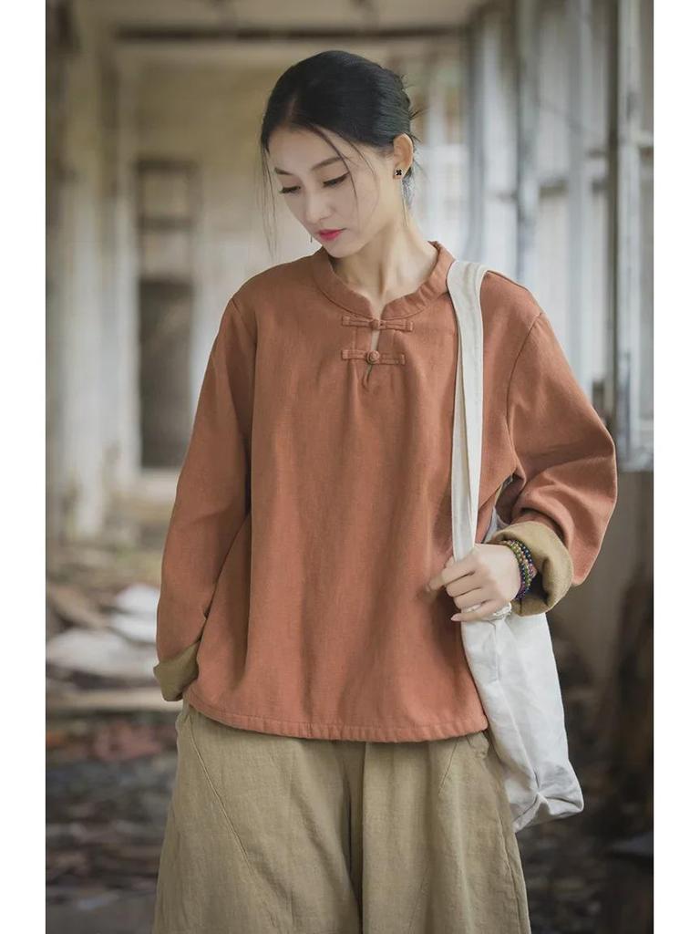 Женская рубашка из хлопка и льна в стиле ретро: Футболка весна/лето из бархата с пуговицами