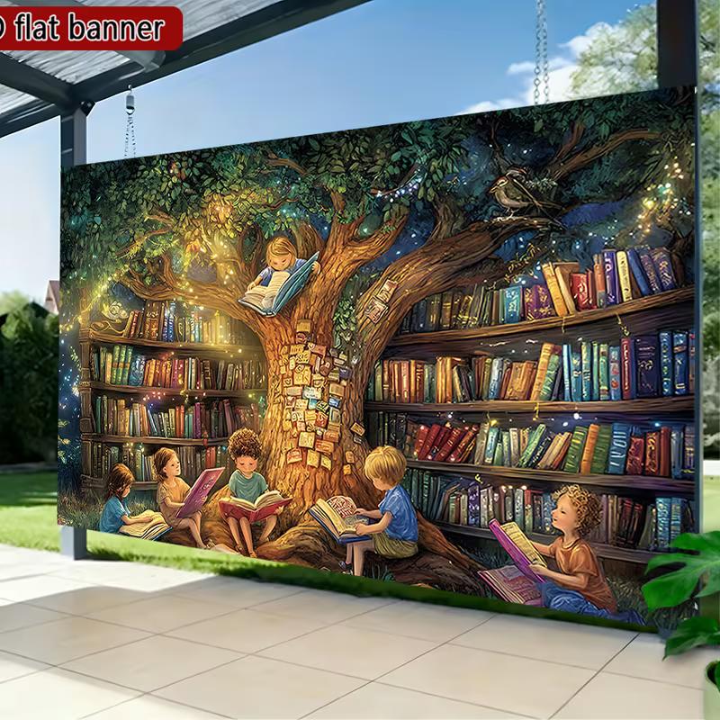 2D Волшебное Дерево-Книга Гобелен, Дети Читают на Фоне Дерева-Книжной Полки со Светящимися Книгами для Дня Рождения