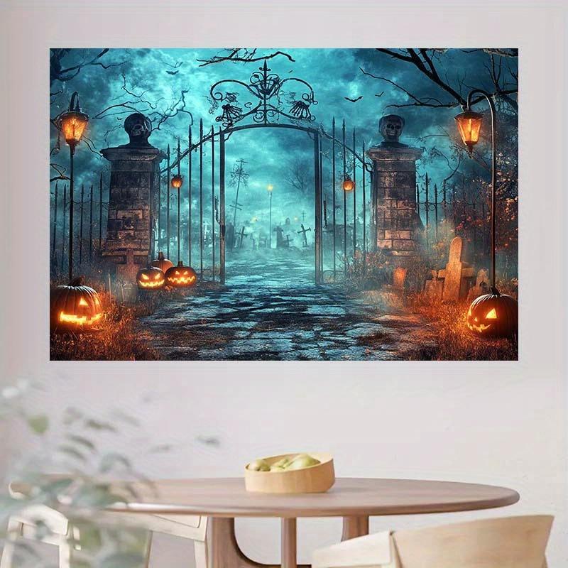 1pc2Dfalt Halloween Background Banner - Ghostly Graveyard Gate, Durable Polyester Fabric, No Electricity Required-sym