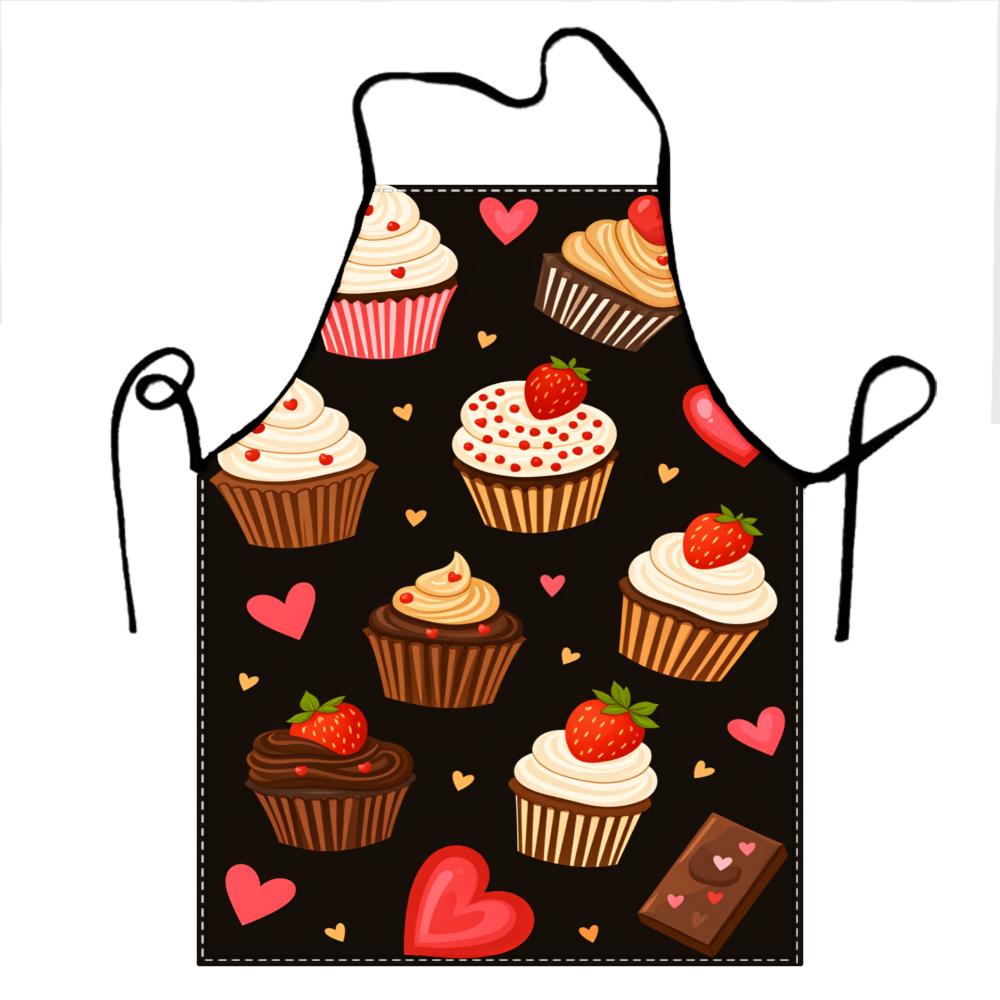 Cute Cupcake And Heart Pattern Apron For Baking And Cooking Kitchen Apron With Adjustable Straps Black Background Design