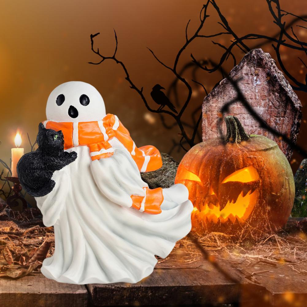 Halloween Ghost Ornament Cute Ghost Figurine Spooky Halloween Ghost Figurine Set with Black Cat Statue Resin for Mantel