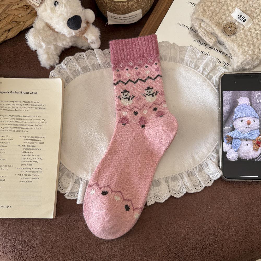 Женские шерстяные носки до середины икры в стиле Fair Isle со снеговиком, теплые зимние и рождественские, в японском ретро-стиле.