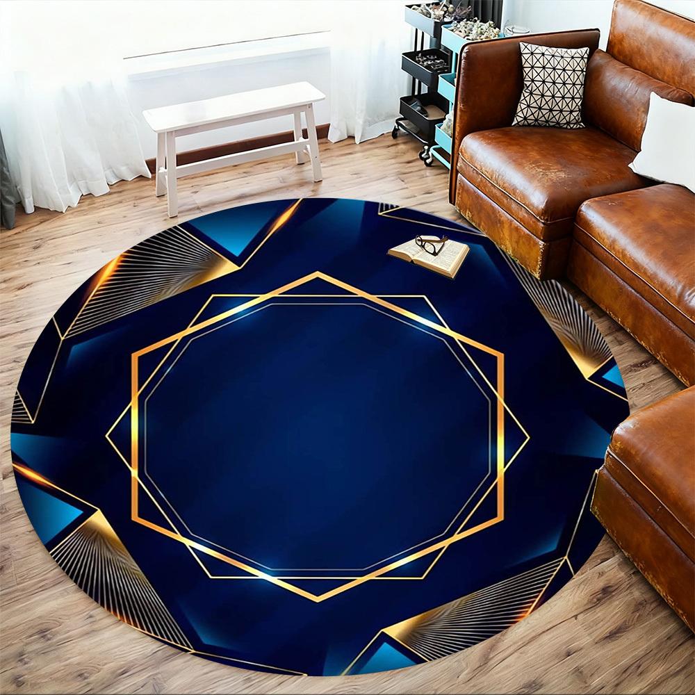 1pc Blue Gold Round Chair mat Area Rug - Non-Slip, Floor Mat for Office, Bedroom, home decor Christmas Gift p0811080