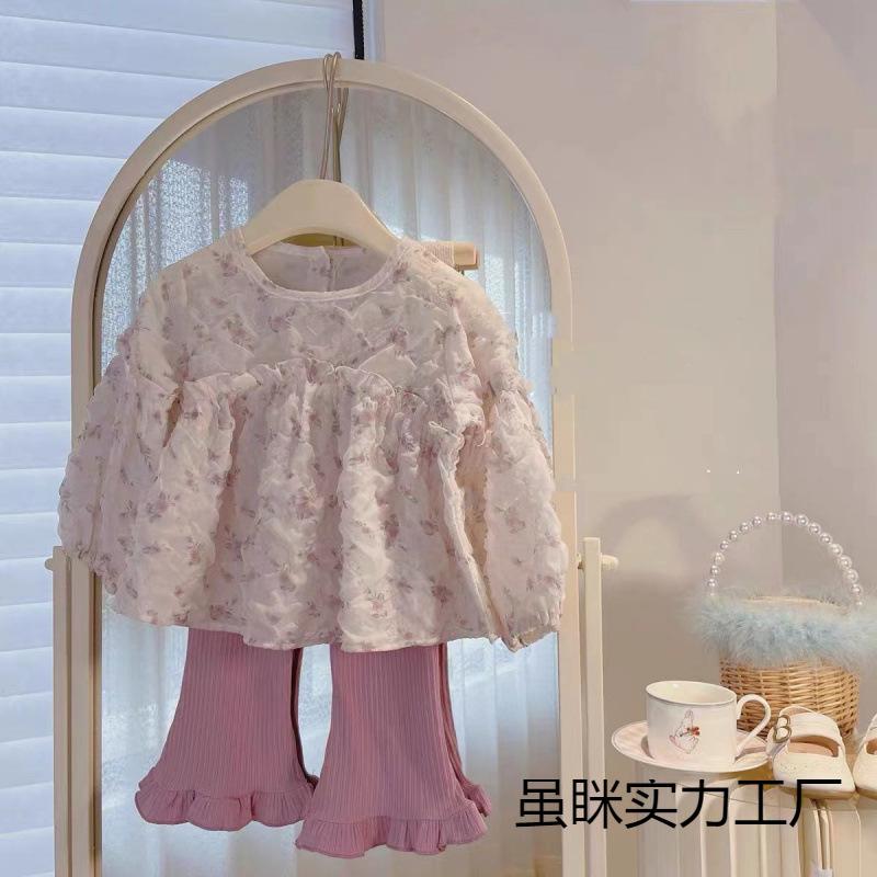Корейская детская одежда костюм для девочки, в иностранном стиле, осенняя одежда для девочки-младенца, блузка с цветочным принтом и рукавами-фонариками + кружевные брюки, комплект из двух предметов