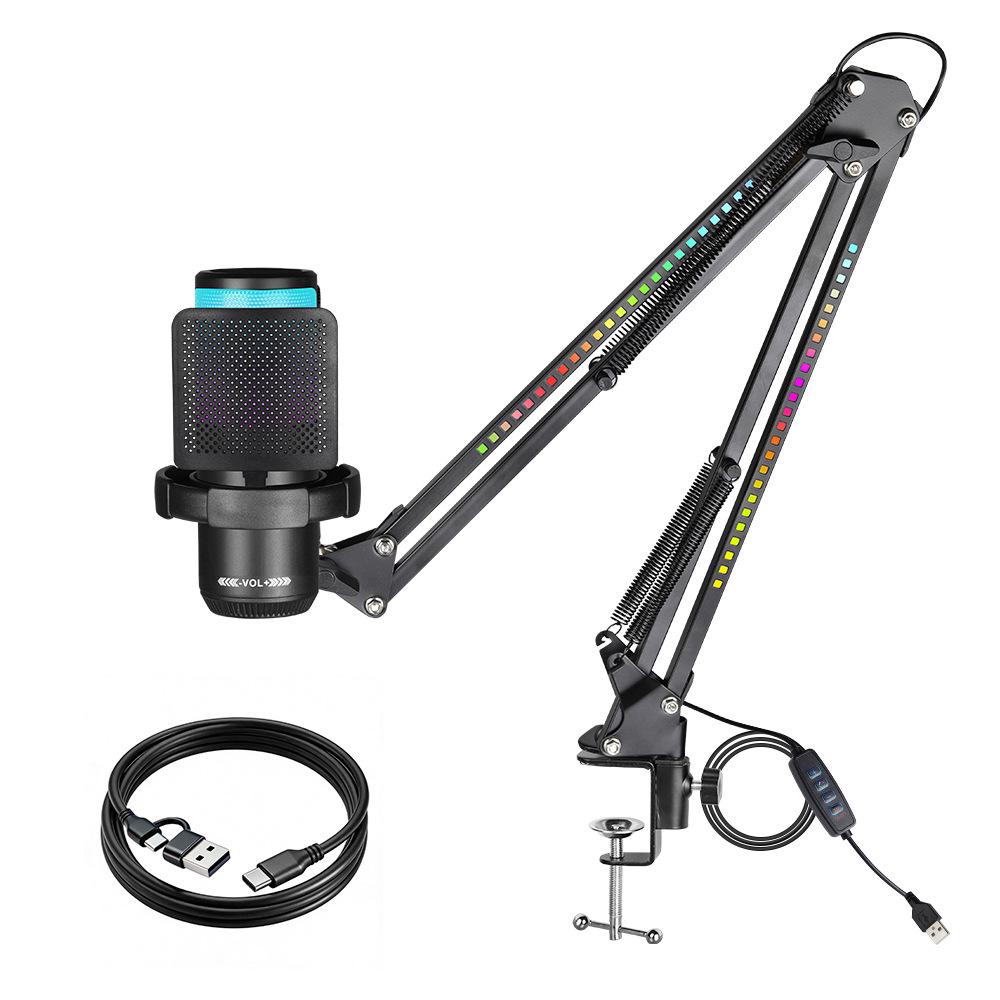 RGB USB Microphone with Desktop Boom Arm, One-Key Mute, Monitoring for Streaming, Gaming, Recording, KTV.
