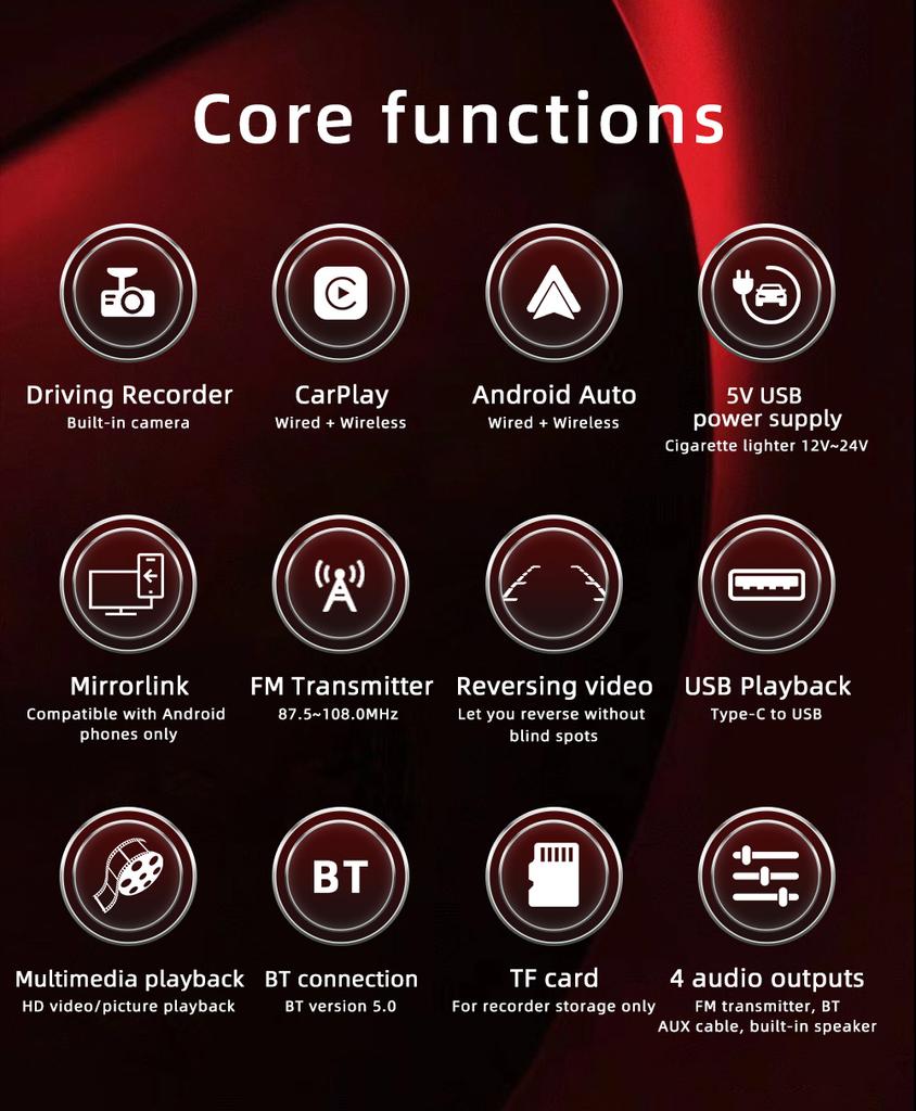 10,26 "беспроводной carplay автомобильный видеорегистратор беспроводной Android авто автомобильный плеер HD дисплей сенсорный экран BT FM передатчик автомобильный видеорегистратор