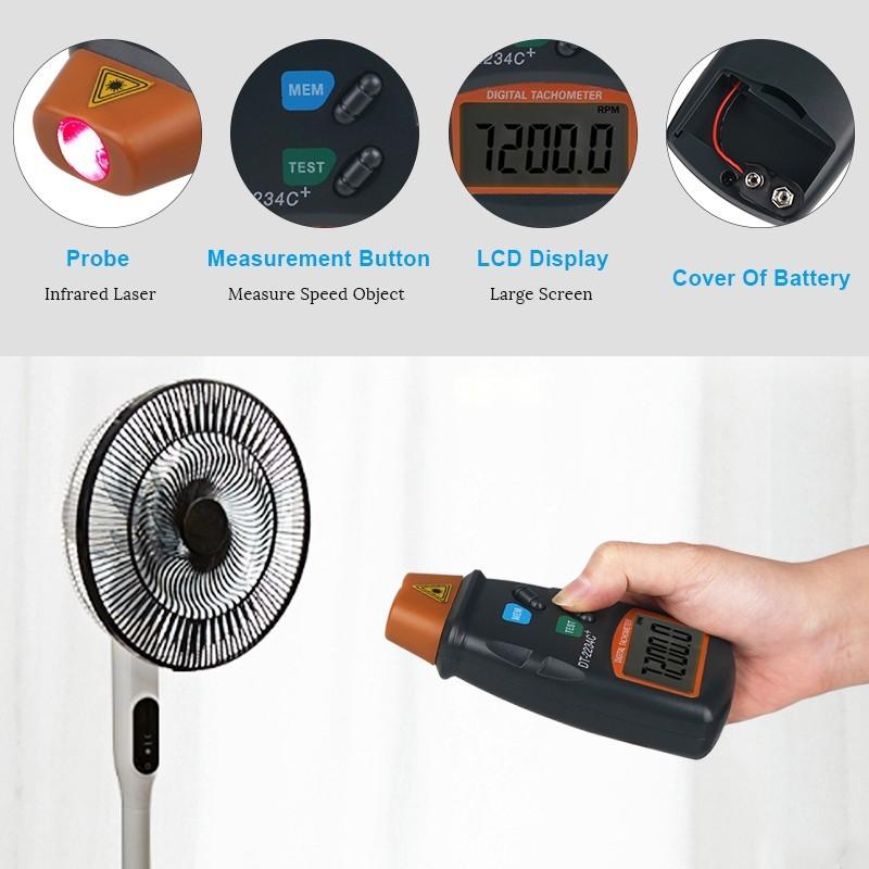 DT-2234C+ Тахометр Бесконтактный тахометр RPM Цифровой тахометр Спидометр Лазерный тахометр Фотоэлектрический тахометр
