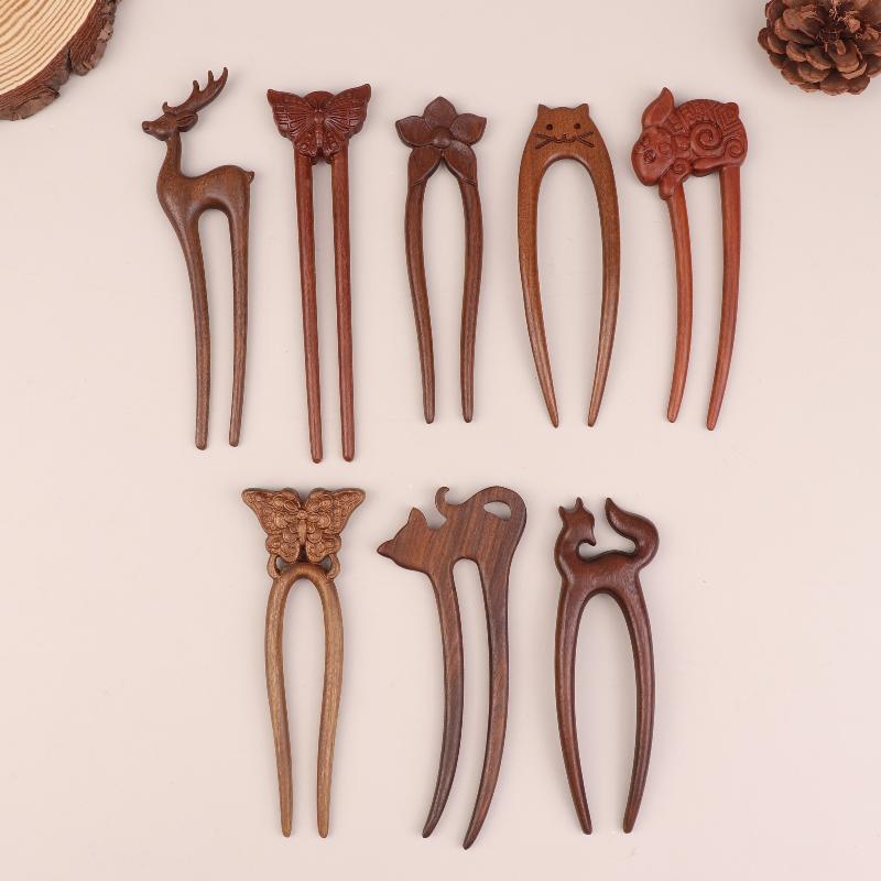 Wooden Hair Stick U-Shaped Hair Fork Cat Butterfly Chinese Style Hairpin Headwear Girl Hair Accessories