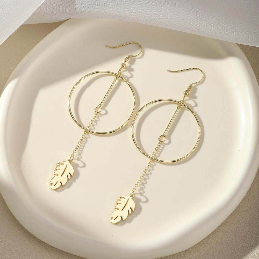 Oversized Stainless Steel Earrings With Leaf Feather Tassels Geometric Design