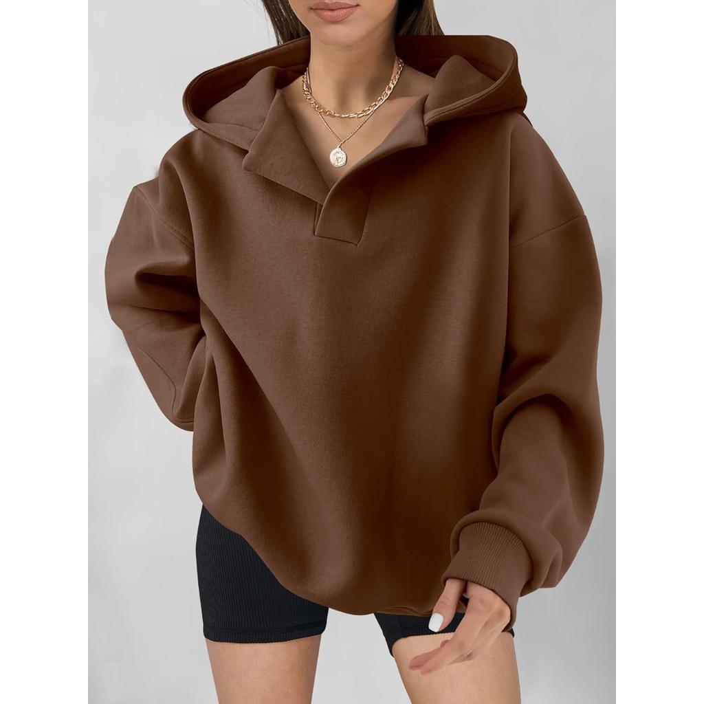 Women's Notch Hood Long Sleeve Sweatshirt Oversized Fit Casual Solid Polyester Pullover Hoodie