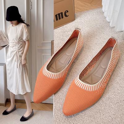 Женские летние и осенние вязаные модельные туфли на плоской подошве с острым носком. Комфортная женская обувь. Женские балетки без шнуровки. Классические мягкие туфли на низкой танкетке.