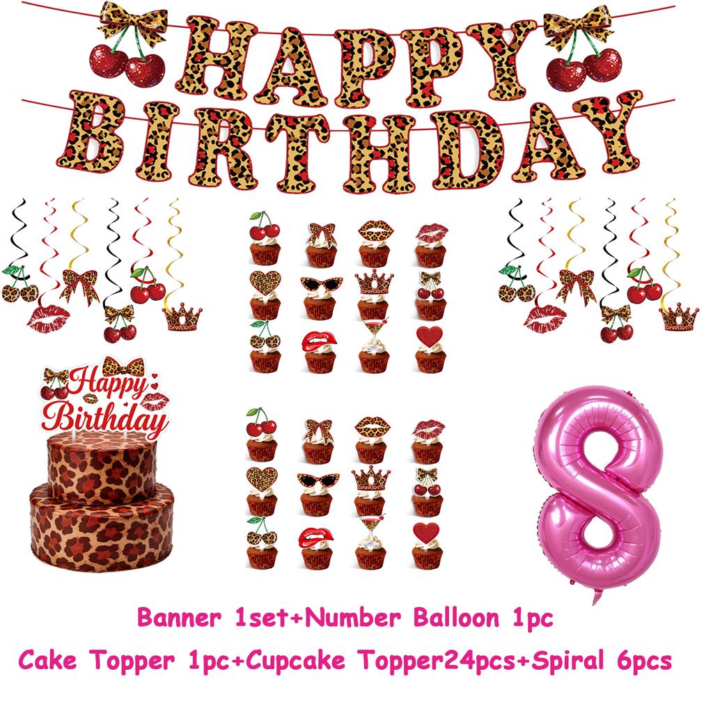 Pink Cherry Leopard Theme Birthday Party Decoration Plate Cup Balloon Banner Sexy Women Girls Shiny Photography Background Gifts